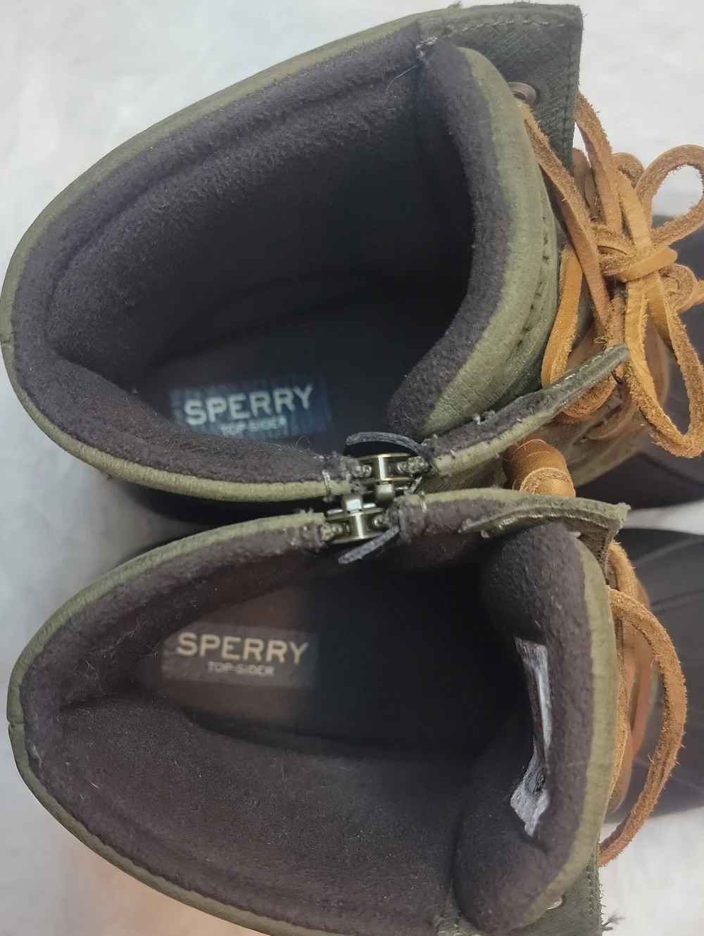 Sperry Olive Canvas Brown Rubber Lace-Up Waterproof Duck Boots. Sz 9.5. STS99729
